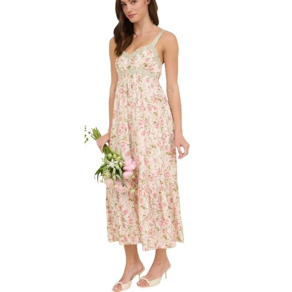 mine Dresses & Skirts - MINE ANTHROPOLOGIE FLORAL LACE TRIM RIBBON STRAP BACK TIE MIDI DRESS SIZE MEDIUM